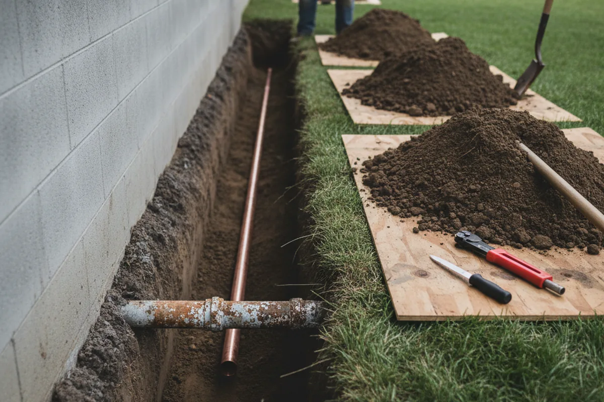 Excavated water line trench during Sewer Line Repair in Crestwood